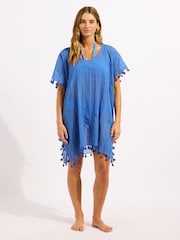 Seafolly Blue Amnesia Tassel Trim Cotton Kaftan - Image 1 of 4