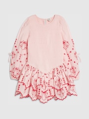 River Island Pink Long Sleeve Shirred Embroidered Dress - Image 1 of 3