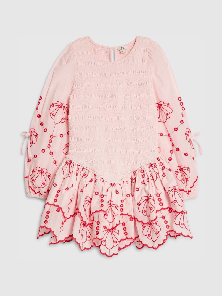 River Island Pink Long Sleeve Shirred Embroidered Dress - Image 1 of 3