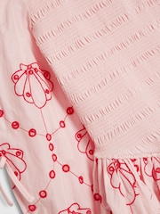 River Island Pink Long Sleeve Shirred Embroidered Dress - Image 2 of 3