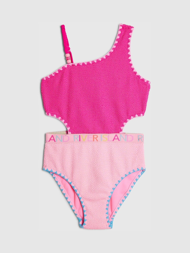 River Island Pink Asymmetric Textured Logo Swimsuit - Image 1 of 4 River Island Pink Asymmetric Textured Logo Swimsuit - Image 1 of 4