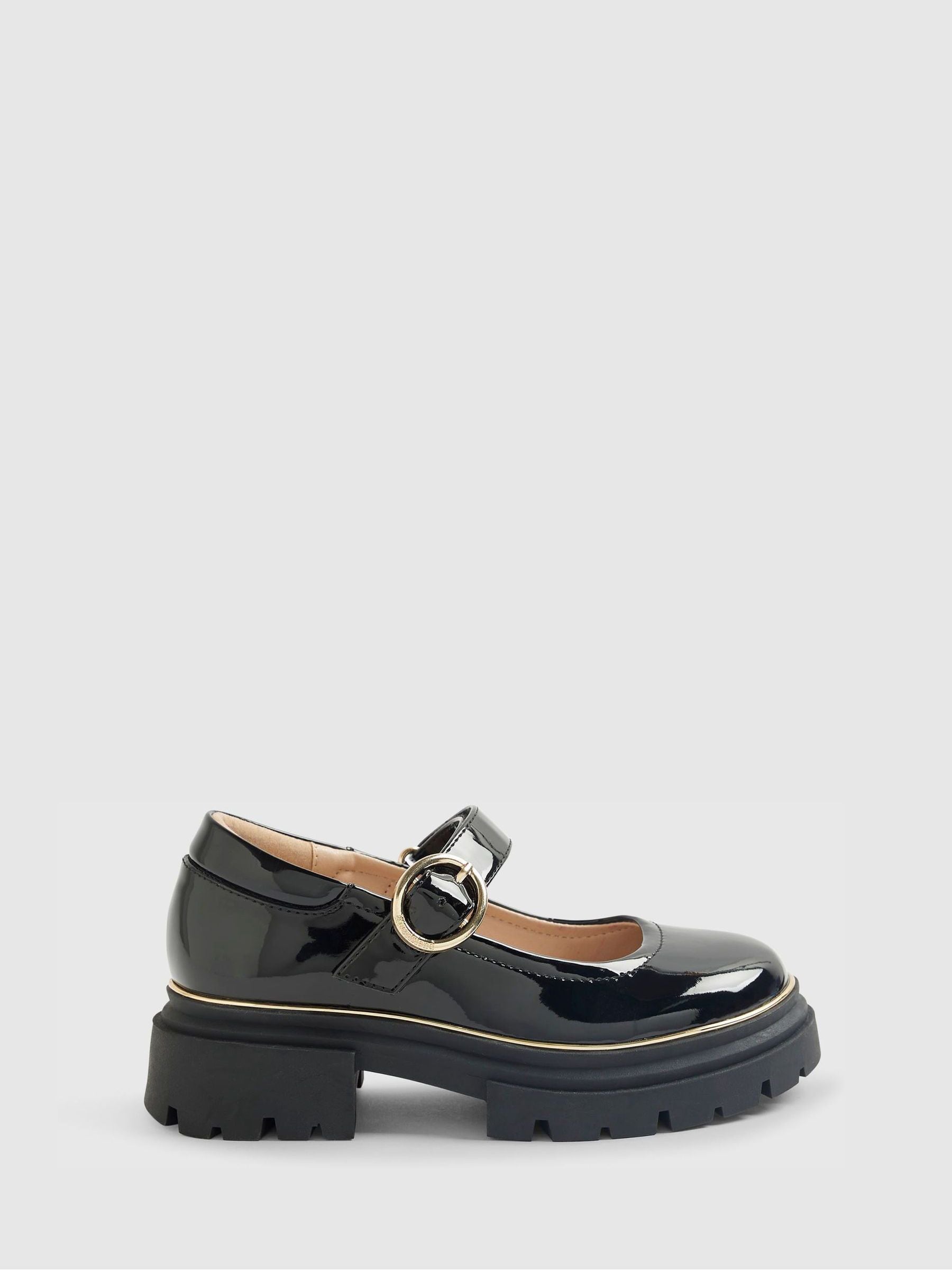 River Island Black Patent Platform Mary Jane School Shoes view 1