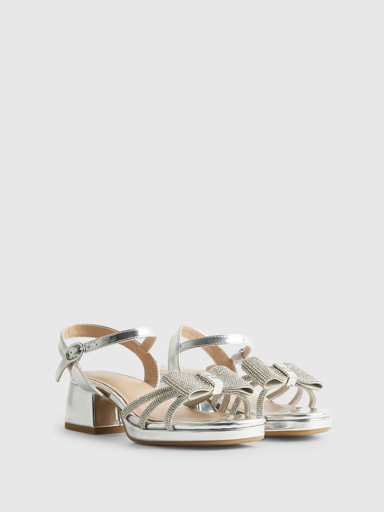 River Island Silver Diamonte Bow Heeled Sandal - Image 2 of 4