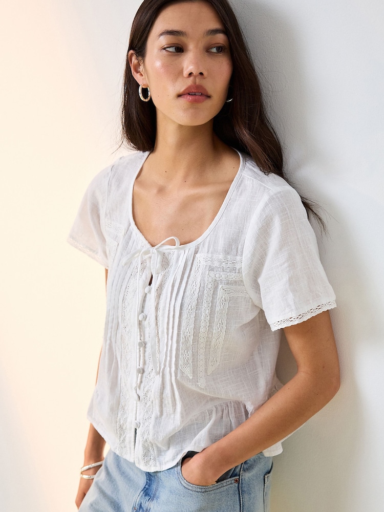 White Lace Detail Short Sleeve Blouse - Image 1 of 8 White Lace Detail Short Sleeve Blouse - Image 1 of 8