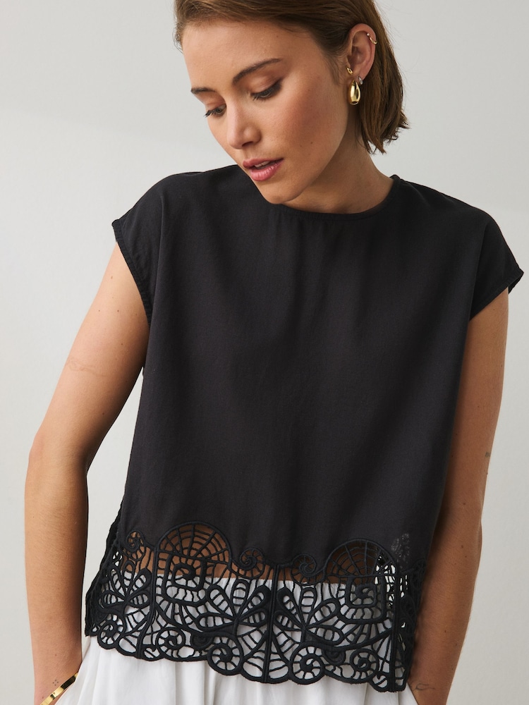 Black Sleeveless Cutwork Detail Top - Image 1 of 8
