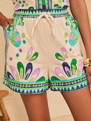 Love & Roses Ivory Tropical Print Linen Blend Shorts - Image 1 of 5