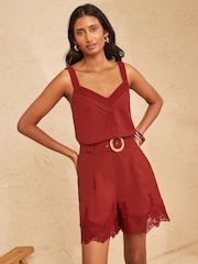 Love & Roses Rust Brown Lace Hem Belted Shorts - Image 3 of 4