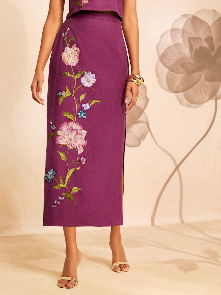 Love & Roses Cotton / Linen Blend Floral Embroidered Midi Skirt - 4의 이미지 1