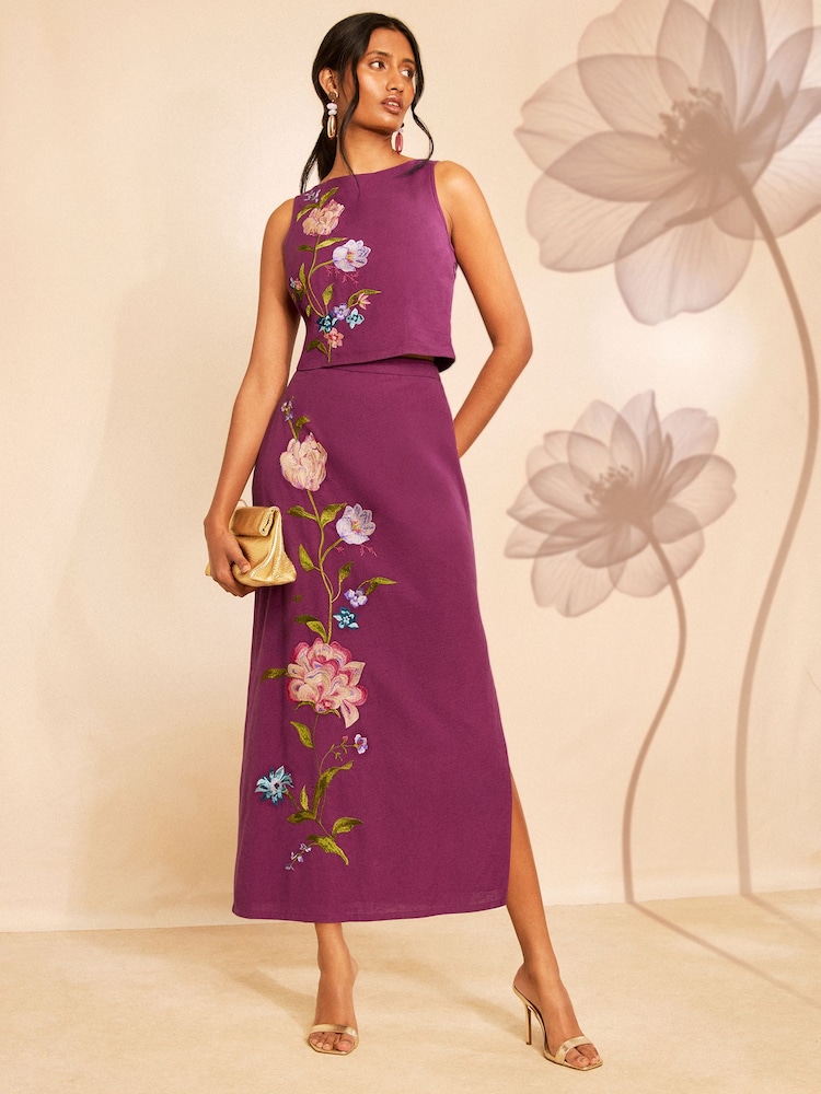 Love & Roses Cotton / Linen Blend Floral Embroidered Midi Skirt - 4의 이미지 2