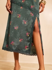 Love & Roses x RHS Teal Blue Floral Printed Satin Jaquard Lace Trim Midi Skirt - Image 3 of 5