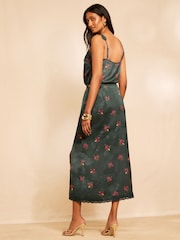 Love & Roses x RHS Teal Blue Floral Printed Satin Jaquard Lace Trim Midi Skirt - Image 4 of 5