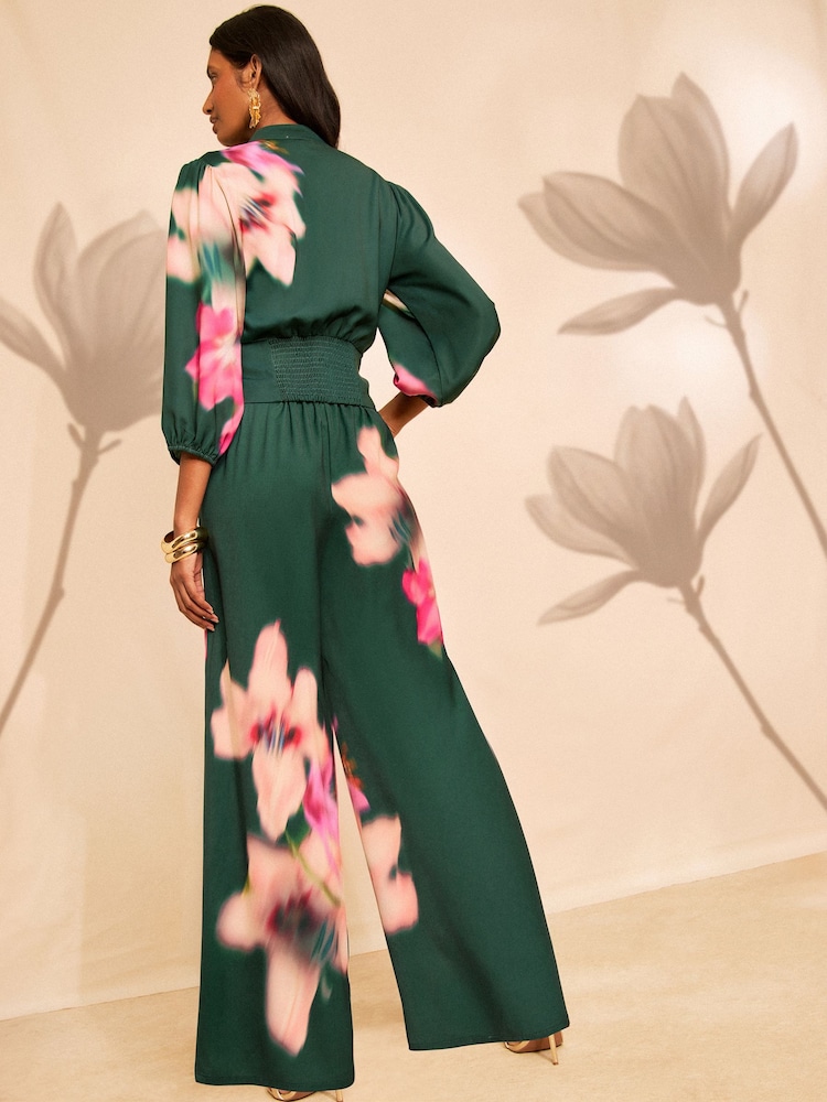 Love & Roses X RHS Green Blurred Floral Placement Print Trousers - Image 5 of 5