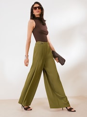 Friends Like These Olive Green Lightweight Elastic Back Tailored Wide Leg Trousers - Image 1 of 5