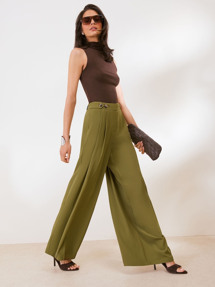Friends Like These Olive Green Lightweight Elastic Back Tailored Wide Leg Trousers - Image 1 of 5