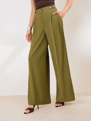 Friends Like These Olive Green Lightweight Elastic Back Tailored Wide Leg Trousers - Image 3 of 5