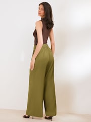 Friends Like These Olive Green Lightweight Elastic Back Tailored Wide Leg Trousers - Image 4 of 5