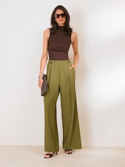 Friends Like These Olive Green Lightweight Elastic Back Tailored Wide Leg Trousers - Image 5 of 5