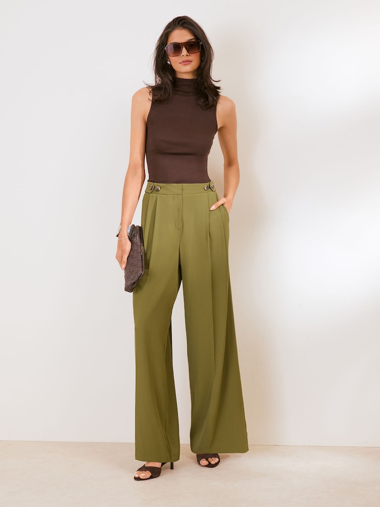 Friends Like These Olive Green Lightweight Elastic Back Tailored Wide Leg Trousers - Image 5 of 5