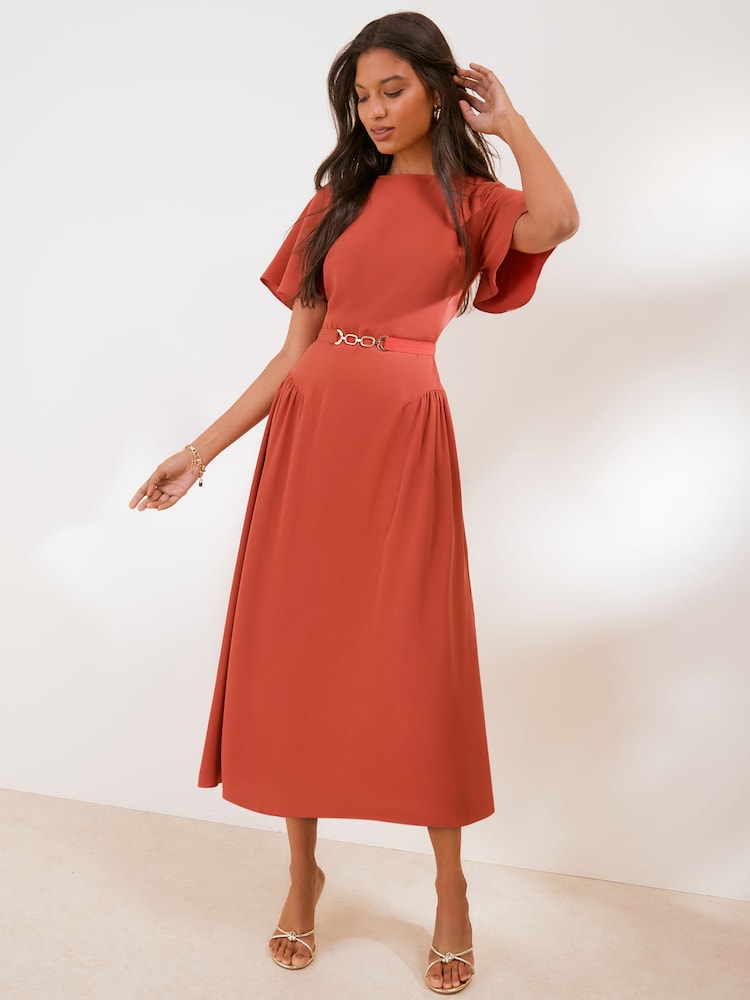 Friends Like These Rust Brown Petite Belted Flutter Sleeve Midi Dress - Image 1 of 4