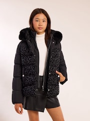 Lipsy Black Shower Resistant Midweight Leopard Print Short Puffer Coat (7-16yrs) - Image 1 of 5
