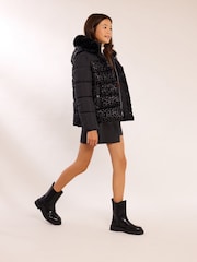 Lipsy Black Shower Resistant Midweight Leopard Print Short Puffer Coat (7-16yrs) - Image 4 of 5