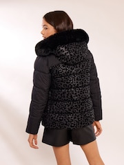Lipsy Black Shower Resistant Midweight Leopard Print Short Puffer Coat (7-16yrs) - Image 5 of 5
