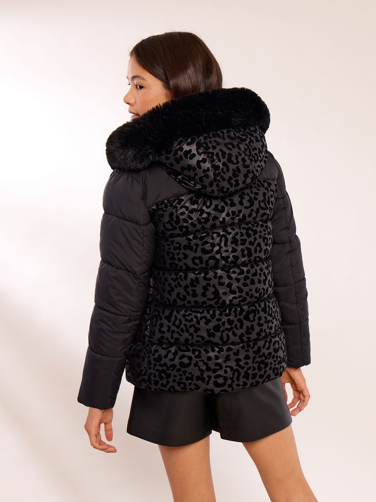 Lipsy Black Shower Resistant Midweight Leopard Print Short Puffer Coat (7-16yrs) - Image 5 of 5 Lipsy Black Shower Resistant Midweight Leopard Print Short Puffer Coat (7-16yrs) - Image 5 of 5