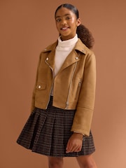 Lipsy Tan Brown Suedette Biker Jacket (5-16yrs) - Image 1 of 5