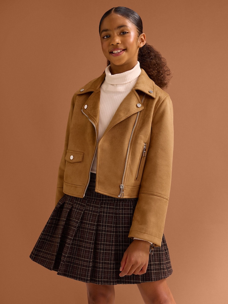 Lipsy Tan Brown Suedette Biker Jacket (5-16yrs) - Image 1 of 5 Lipsy Tan Brown Suedette Biker Jacket (5-16yrs) - Image 1 of 5