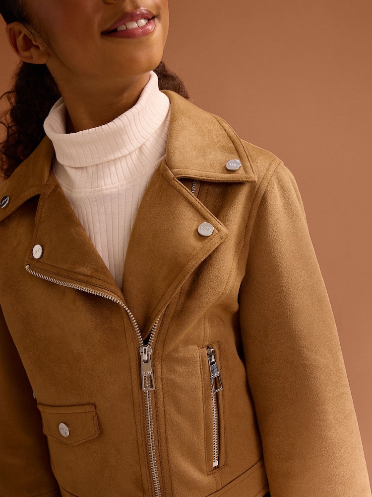 Lipsy Tan Brown Suedette Biker Jacket (5-16yrs) - Image 2 of 5 Lipsy Tan Brown Suedette Biker Jacket (5-16yrs) - Image 2 of 5