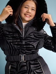 Lipsy Shower Resistant Midweight Zebra Print Belted Puffer Coat (5-16yrs) - Obraz 3 z 6