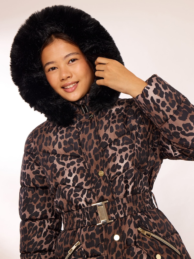 Lipsy Brown Shower Resistant Midweight Leopard Print Belted Puffer Coat (5-16yrs) - Image 2 of 5 Lipsy Brown Shower Resistant Midweight Leopard Print Belted Puffer Coat (5-16yrs) - Image 2 of 5