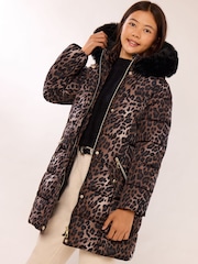 Lipsy Brown Shower Resistant Midweight Leopard Print Belted Puffer Coat (5-16yrs) - Image 3 of 5