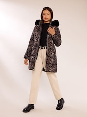 Lipsy Brown Shower Resistant Midweight Leopard Print Belted Puffer Coat (5-16yrs) - Image 4 of 5