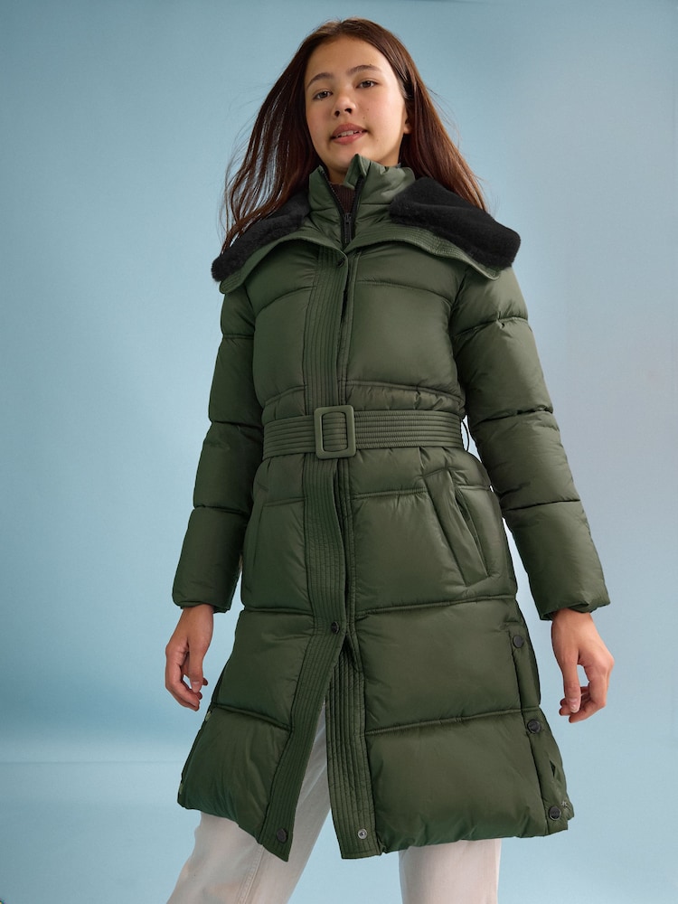 Lipsy Khaki Green Shower Resistant Midweight Longline Quilted Belted Puffer Coat (5-16yrs) - Image 1 of 6
