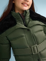 Lipsy Khaki Green Shower Resistant Midweight Longline Quilted Belted Puffer Coat (5-16yrs) - Image 2 of 6