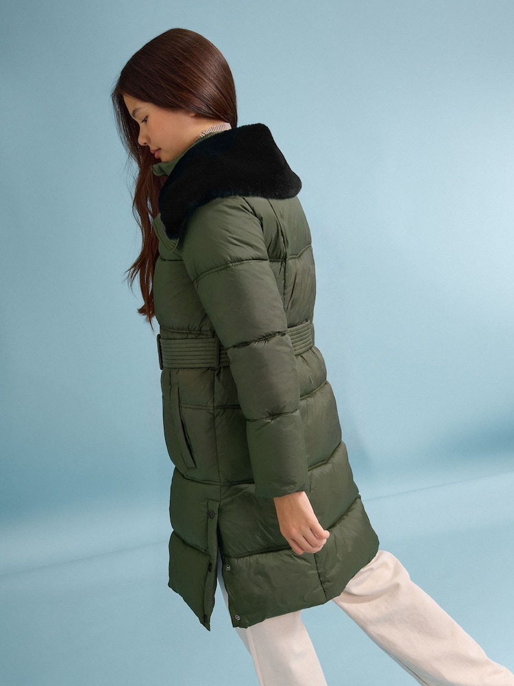 Lipsy Khaki Green Shower Resistant Midweight Longline Quilted Belted Puffer Coat (5-16yrs) - Image 6 of 6