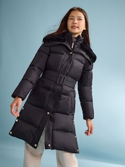 Lipsy Black Shower Resistant Midweight Longline Quilted Belted Puffer Coat (5-16yrs) - Image 1 of 6
