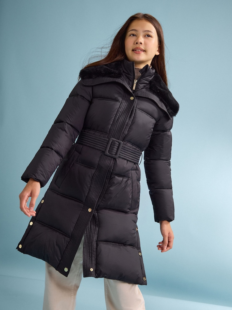 Lipsy Black Shower Resistant Midweight Longline Quilted Belted Puffer Coat (5-16yrs) - Image 1 of 6