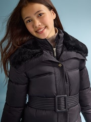 Lipsy Black Shower Resistant Midweight Longline Quilted Belted Puffer Coat (5-16yrs) - Image 2 of 6