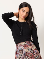FatFace Mae Black Knitted Frill Front Henley - Image 1 of 6