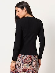 FatFace Mae Black Knitted Frill Front Henley - Image 2 of 6