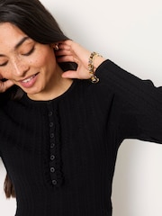 FatFace Mae Black Knitted Frill Front Henley - Image 3 of 6