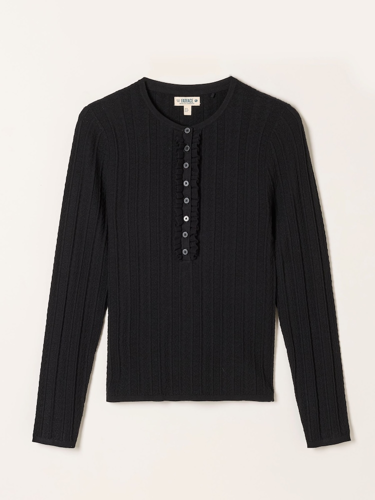 FatFace Mae Black Knitted Frill Front Henley - Image 6 of 6 FatFace Mae Black Knitted Frill Front Henley - Image 6 of 6