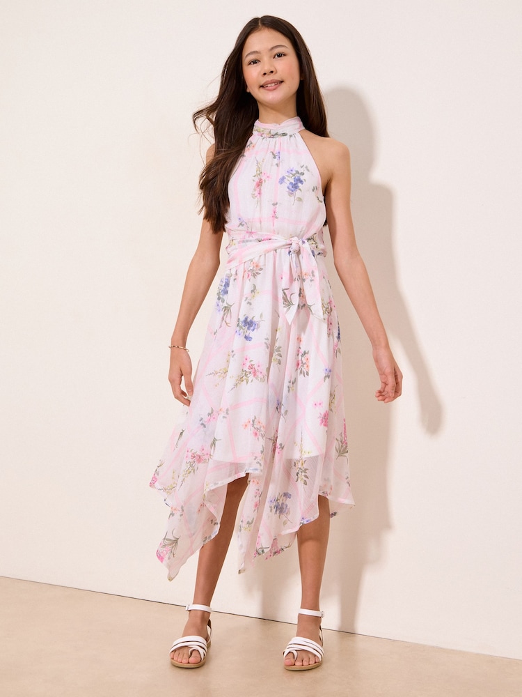 Lipsy White Floral Hanky Hem Halter Occasion Dress (5-16yrs) - Image 1 of 4