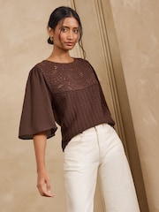 Love & Roses Chocolate Brown Woven Sleeve Crochet Style Crew Neck Top - Image 1 of 5