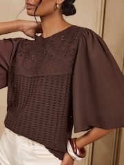 Love & Roses Chocolate Brown Woven Sleeve Crochet Style Crew Neck Top - Image 2 of 5