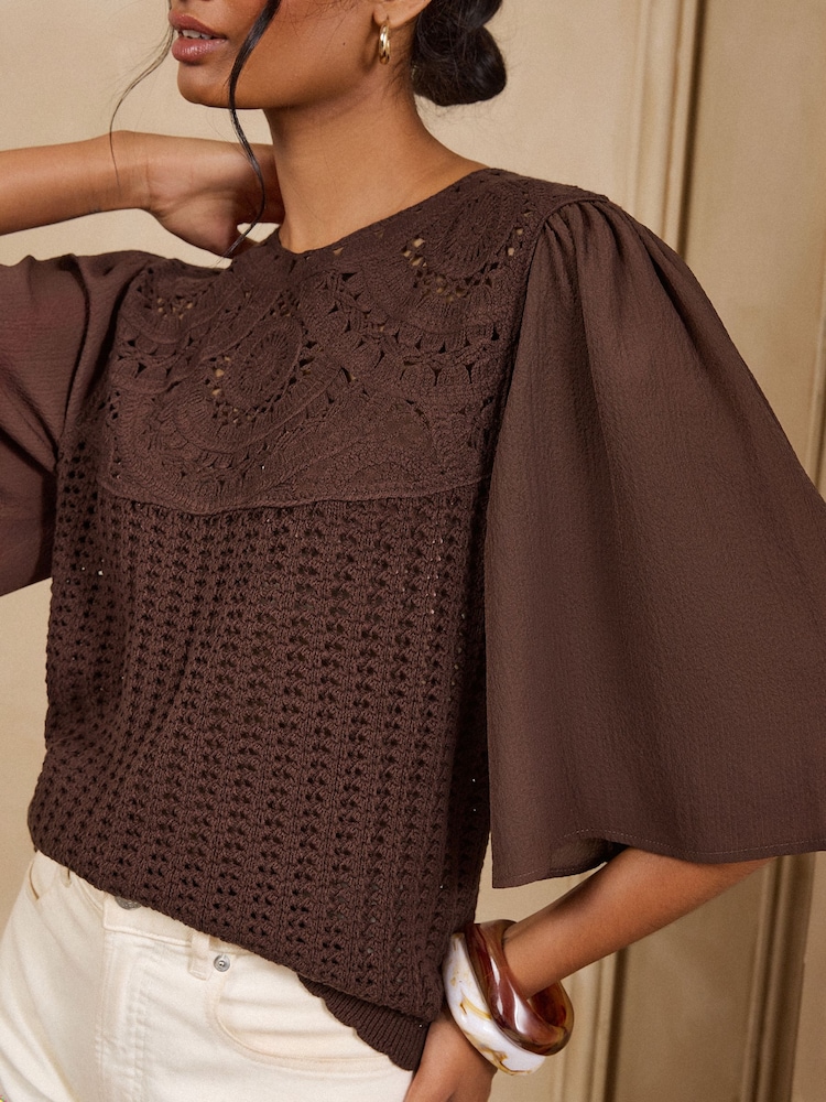 Love & Roses Chocolate Brown Woven Sleeve Crochet Style Crew Neck Top - Image 2 of 5 Love & Roses Chocolate Brown Woven Sleeve Crochet Style Crew Neck Top - Image 2 of 5