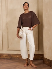 Love & Roses Chocolate Brown Woven Sleeve Crochet Style Crew Neck Top - Image 3 of 5