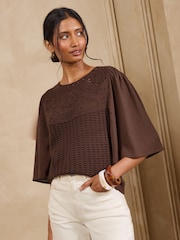 Love & Roses Chocolate Brown Woven Sleeve Crochet Style Crew Neck Top - Image 4 of 5